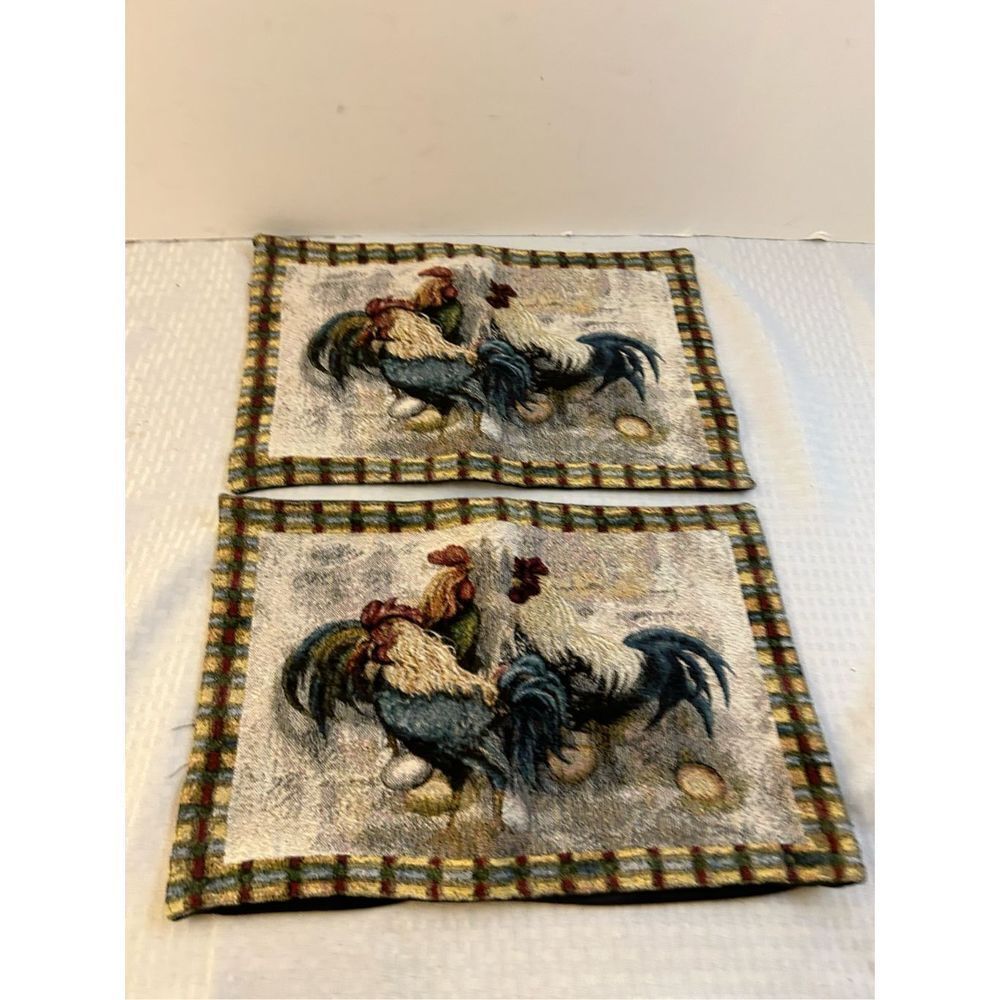 2 Chickens Roosters Eggs Farm placemats 11x16"‎ multi-colored red/blue edges